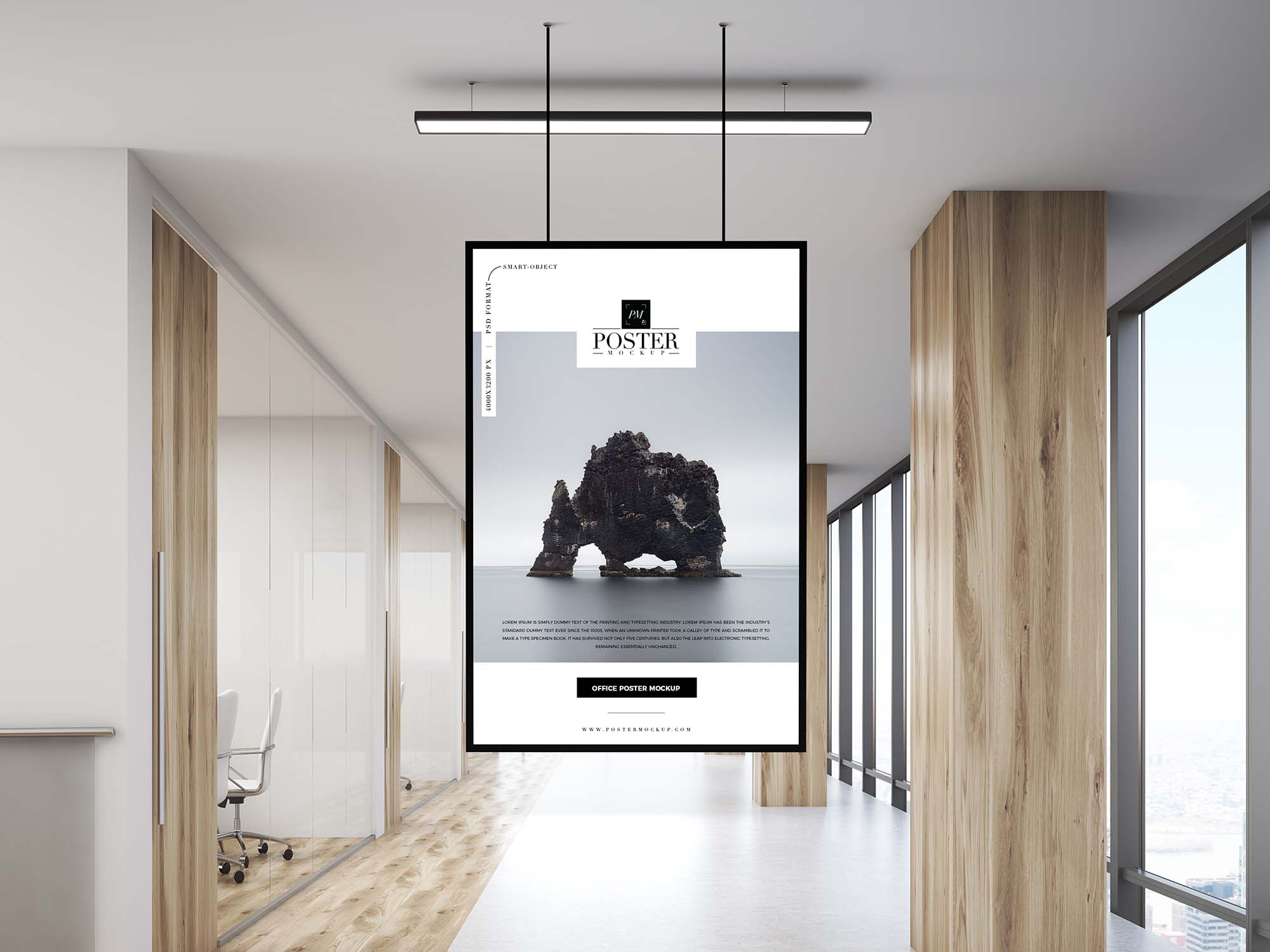 Download Office Indoor Hanging Poster PSD Mockup (Free) by Poster Mockup