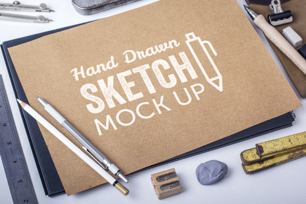 Hand Drawn Sketch Book & Paper Mockup