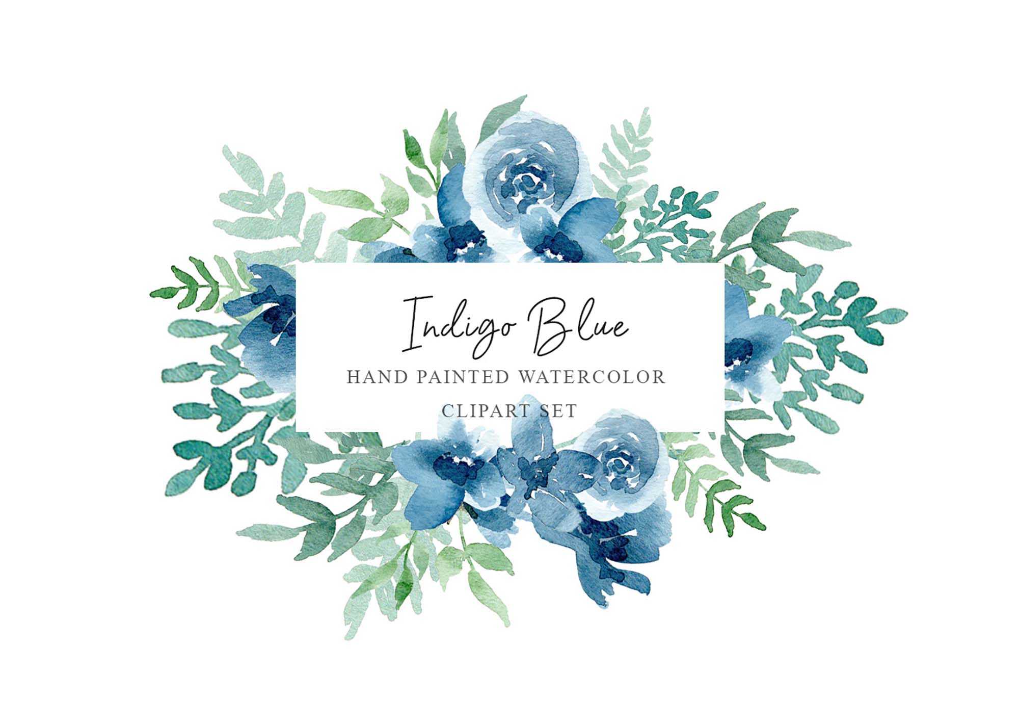 Indigo Blue Floral Watercolor Design Elements