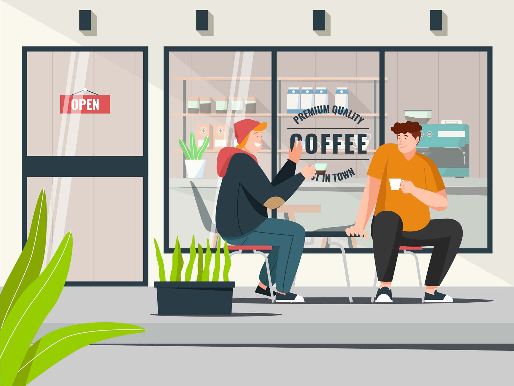Two Men Drinking Coffee Vector Illustration