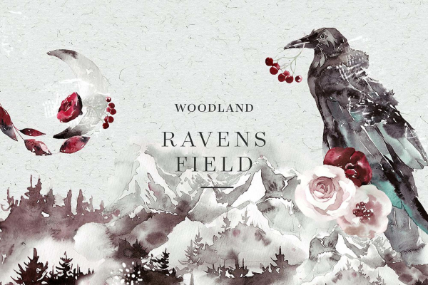 Woodland Ravens Field Watercolor Elements
